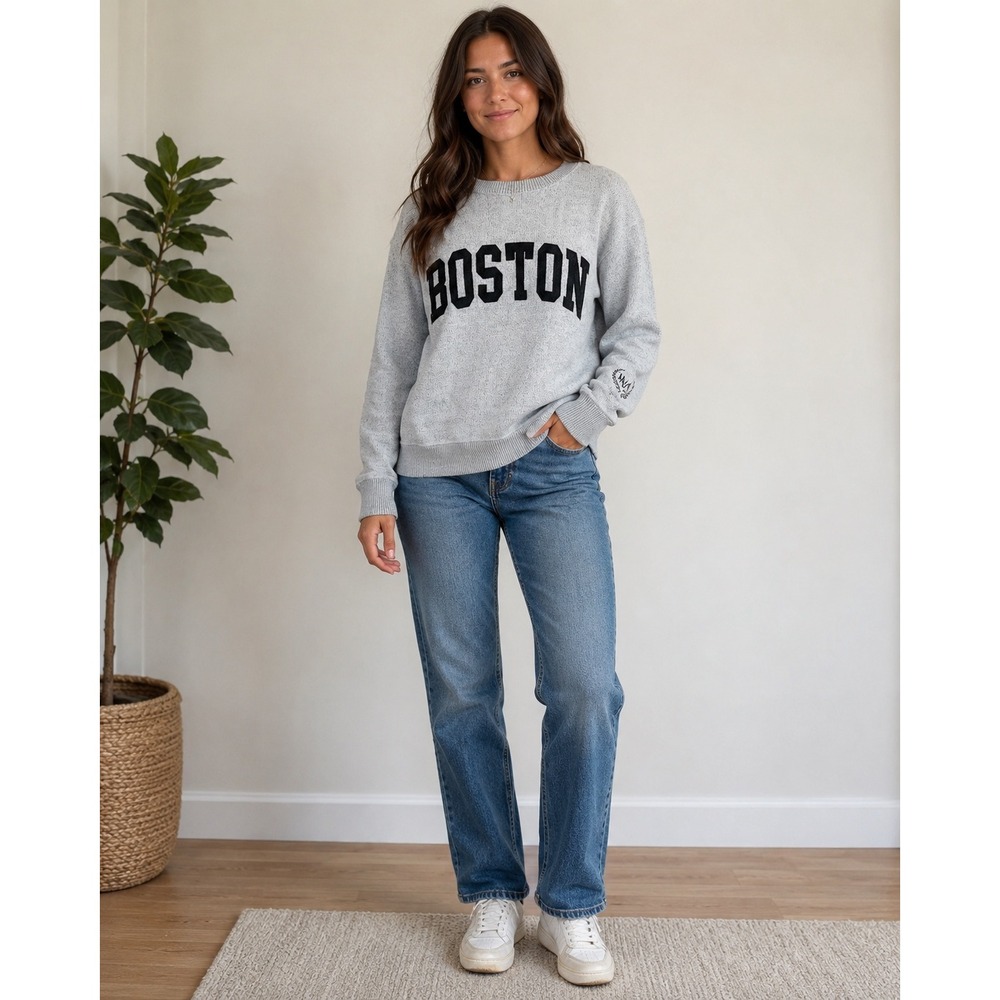 New York & Company Boston Crewneck Sweatshirt S Gray Heather Sporty Prep